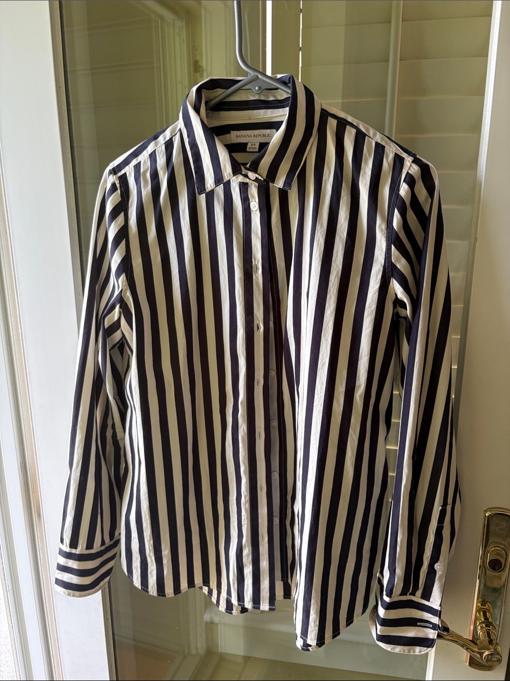 Banana Republic Navy and White Vertical Stripe Blouse